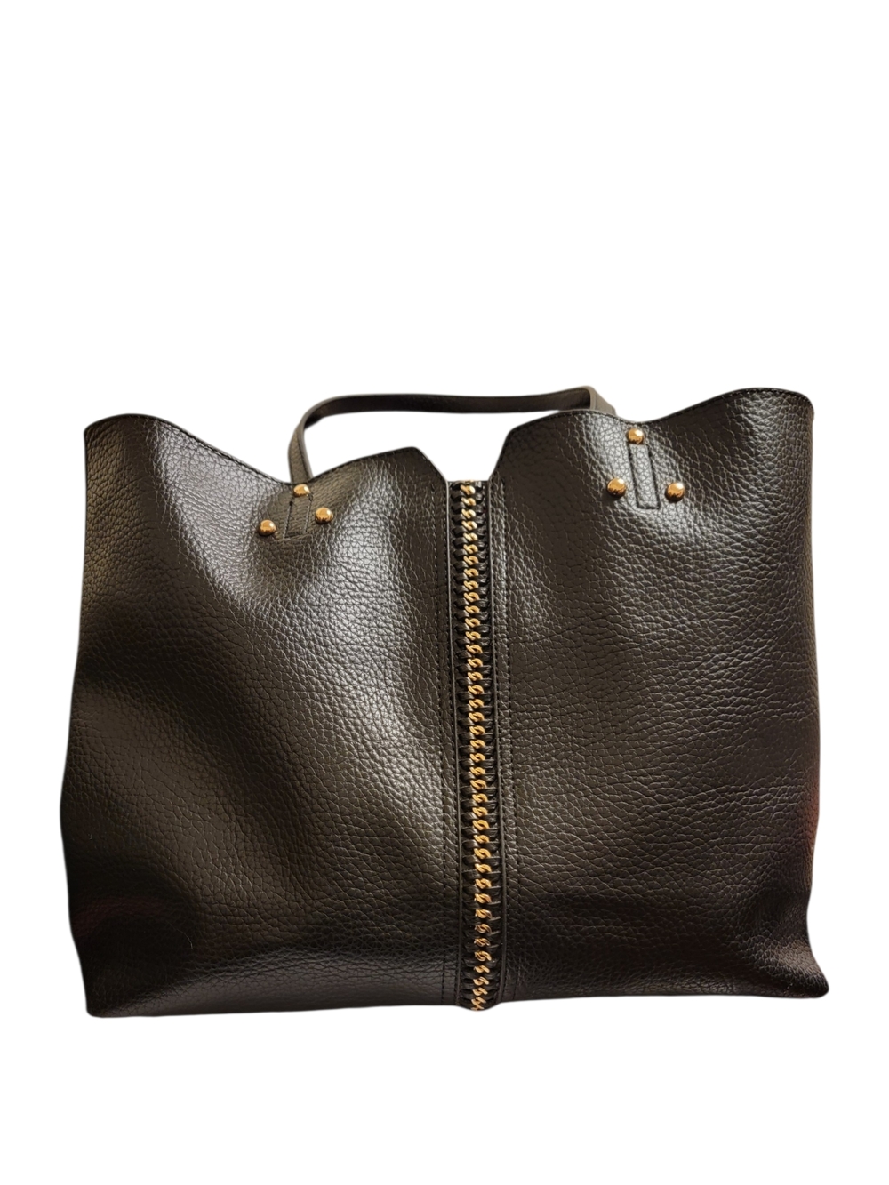 Montana West Black Pebbled Faux Leather Zip Tote with Gold Accent